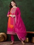 Sangria Floral Printed Zari & Sequinned Straight Kurta & Palazzo With Dupatta | Grocsy