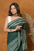 Very Much Indian Handblock Printed Cotton Saree With Natural Dyes - Leaf Green | Grocsy