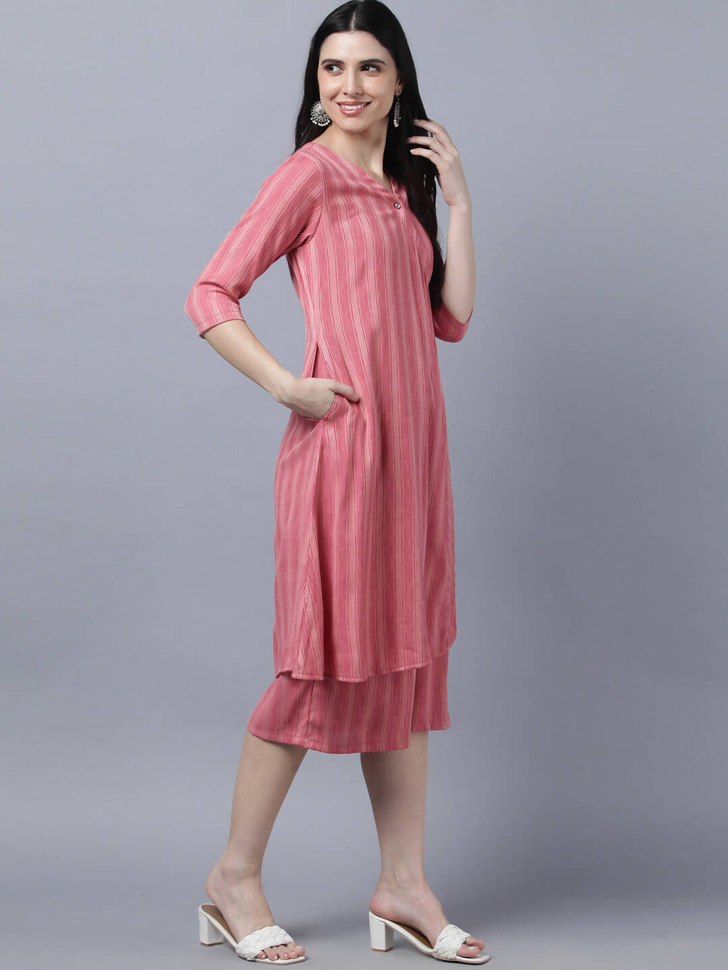 Myshka Stylish Pink Cotton 3/4 Sleeve Women's Kurta Palazzo Set | Grocsy