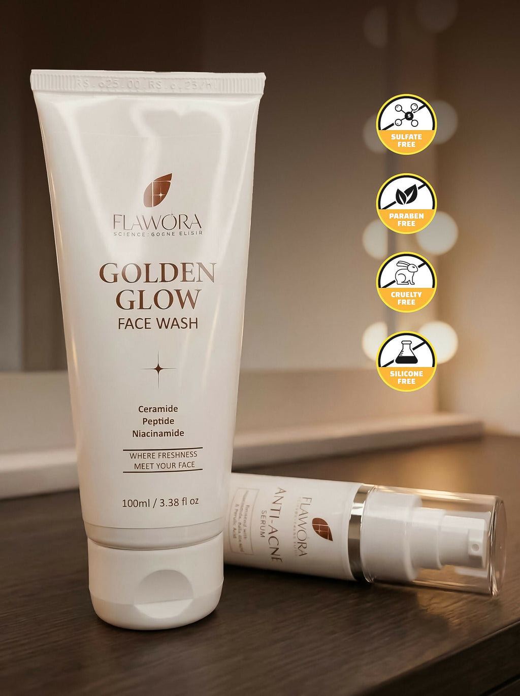 Flawora Set of Golden Glow Face Wash and Anti Acne Serum | Grocsy