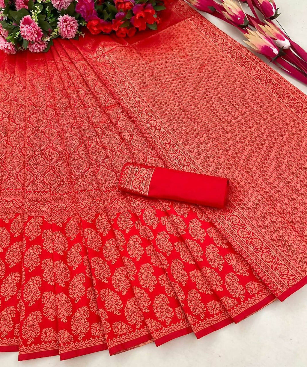 DEIANA'S Beautiful Designer Golden zari Soft Lichi Silk Saree - Red | Grocsy
