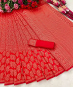 DEIANA'S Beautiful Designer Golden zari Soft Lichi Silk Saree - Red | Grocsy