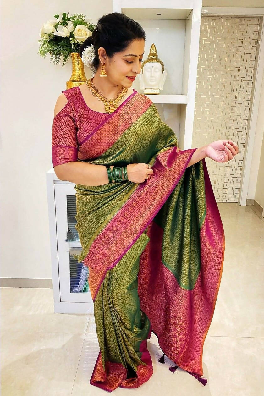 DEIANA'S Beautiful Designer Golden zari Soft Lichi Silk Saree - Mehndi | Grocsy