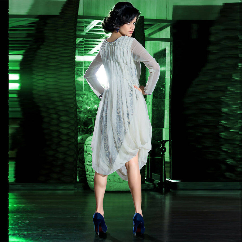 Off White Georgette Floral Embroidered A-line Kurti - Missy | Grocsy