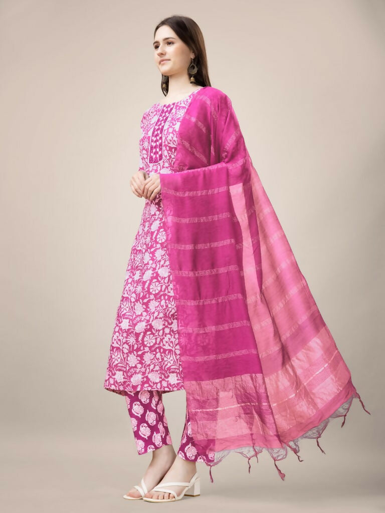 Jyoti Fashion Women's Pink Rayon Print with Embroidery & Fancy Lace Work Kurta with Trouser & Dupatta | Grocsy