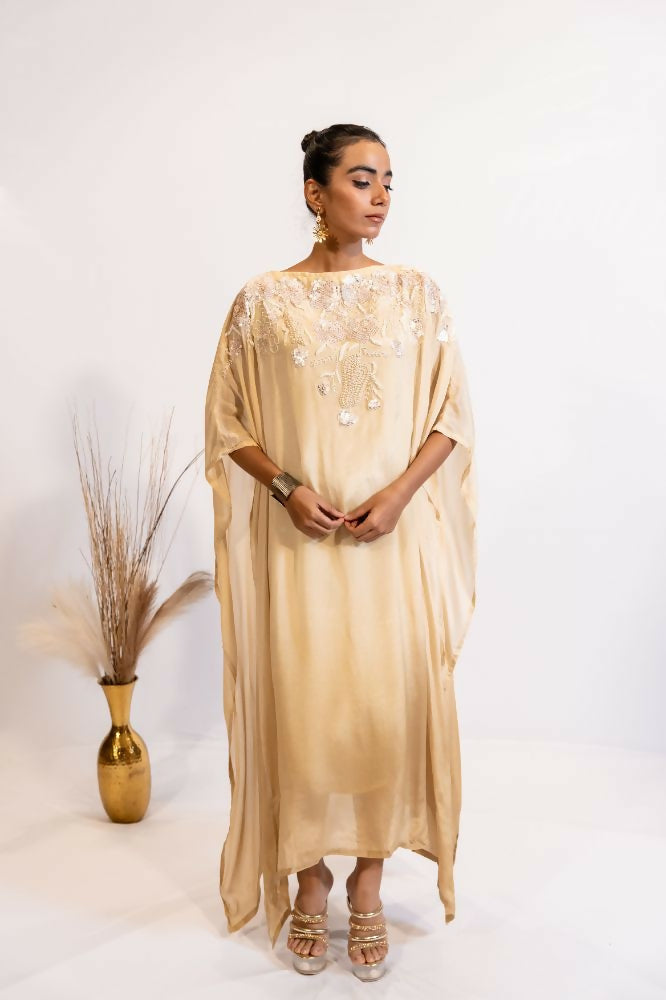 Timaraa Champagne Glow Hand-Embellished Georgette Kaftan Dress | Grocsy