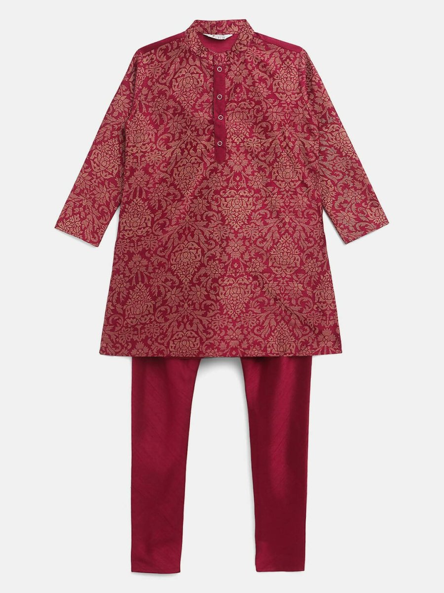 Ahalyaa Purple Poly Silk Gold Print Kids Kurta Churidar Set For Boys | Grocsy