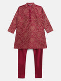 Ahalyaa Purple Poly Silk Gold Print Kids Kurta Churidar Set For Boys | Grocsy