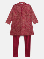 Ahalyaa Purple Poly Silk Gold Print Kids Kurta Churidar Set For Boys | Grocsy