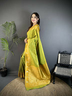 Joban Fashion Light Green Banarasi Soft Silk Woven Saree | Grocsy