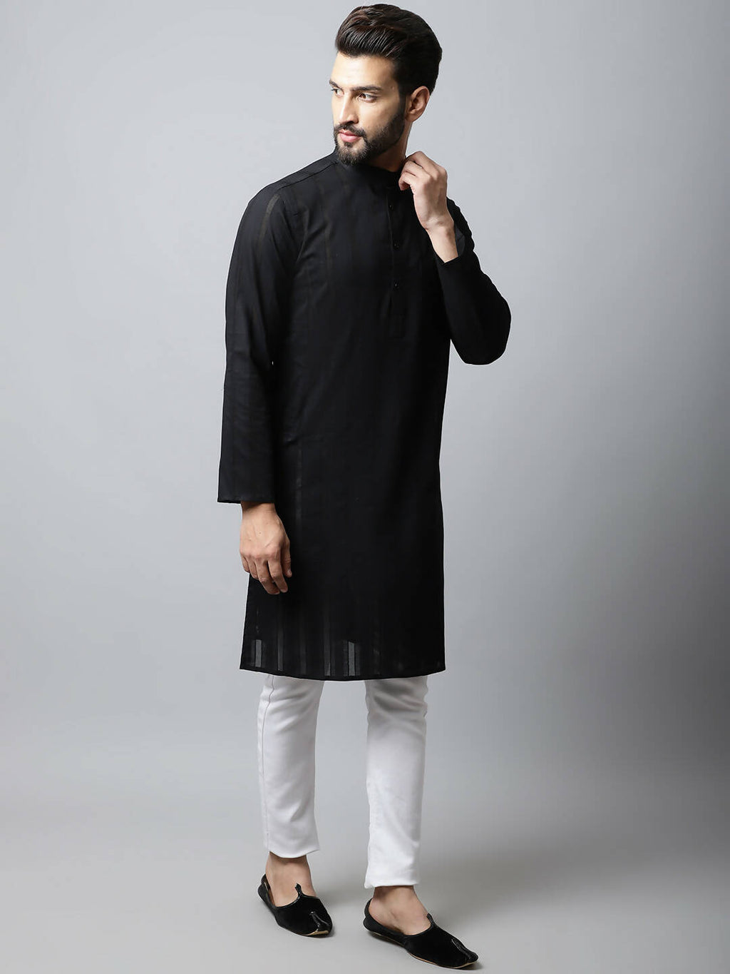 Even Apparels Black Color Pure Cotton Men's Kurta With Band Collar (STR1188) | Grocsy
