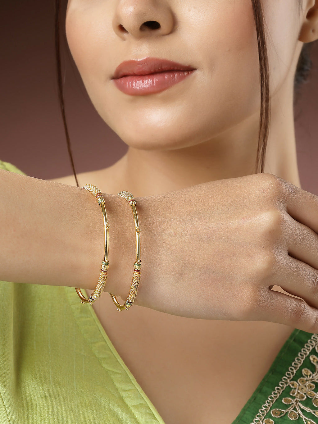 NVR Women's Set of 2 Gold-Polished Handcrafted Traditional Bangles