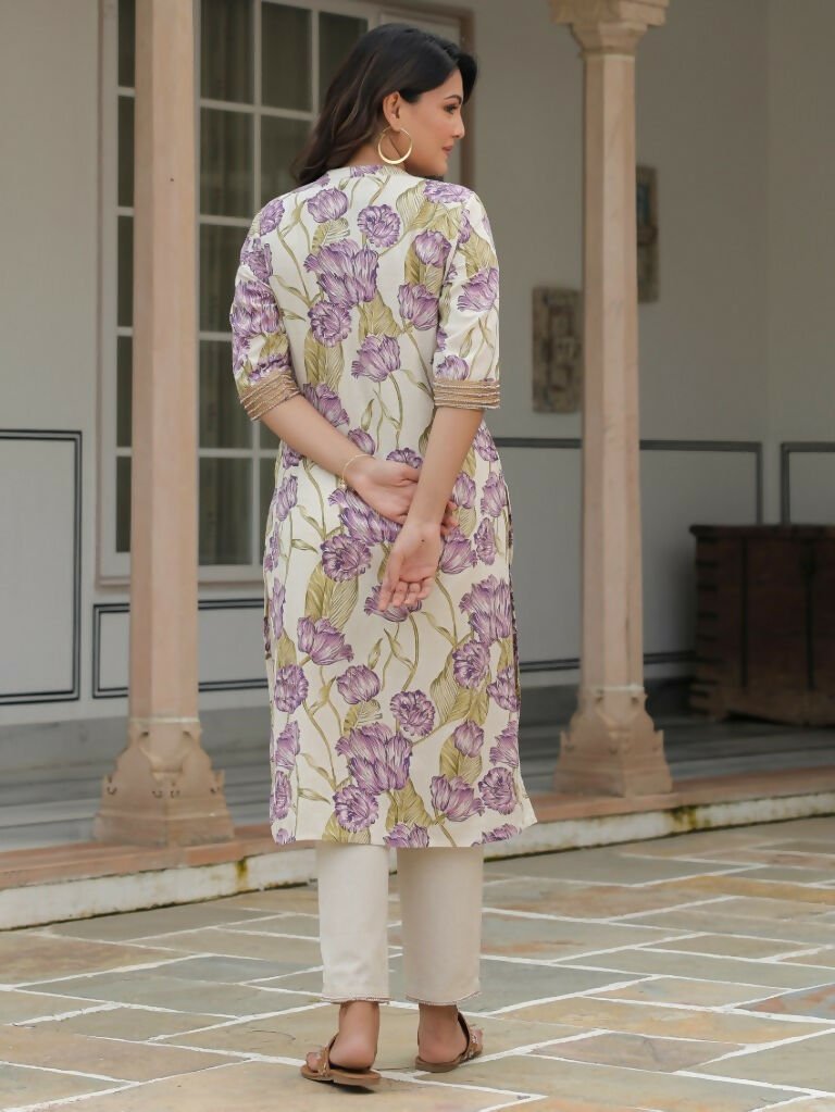 Aramya Straight Linen Cotton Floral Print Women's Kurta - Off White | Grocsy