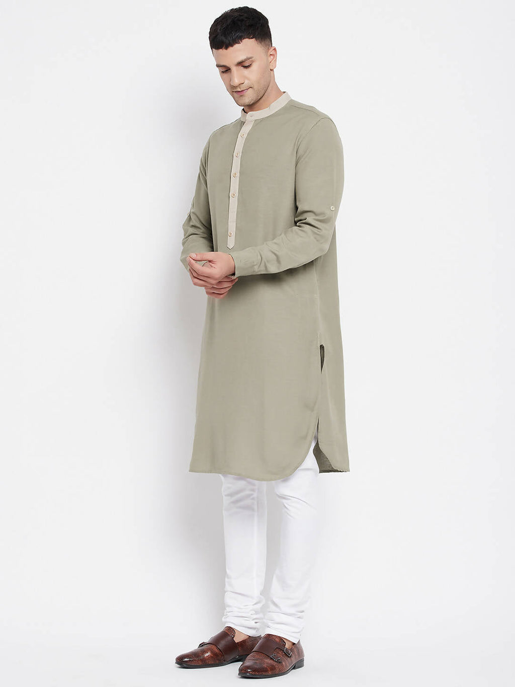 Even Apparels Green Pure Cotton Men's Kurta With Contrast Collar And Placket | Grocsy