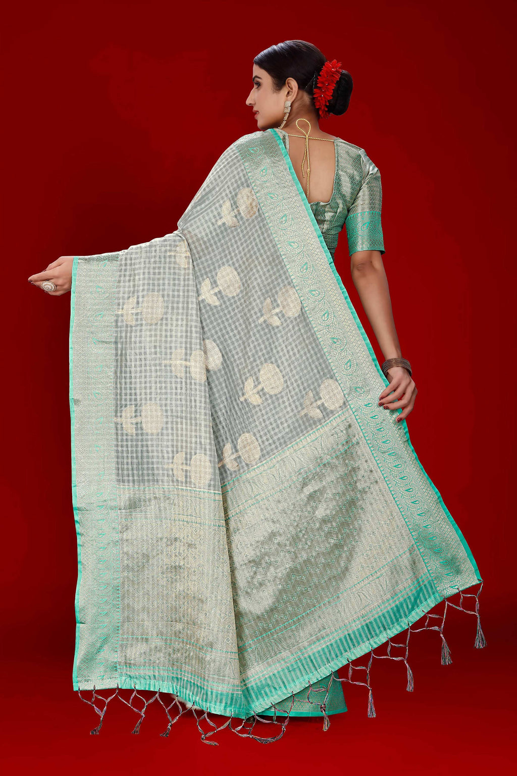 Grey Soft Organza Woven Design Saree With Unstitched Blouse Piece - Zaara | Grocsy