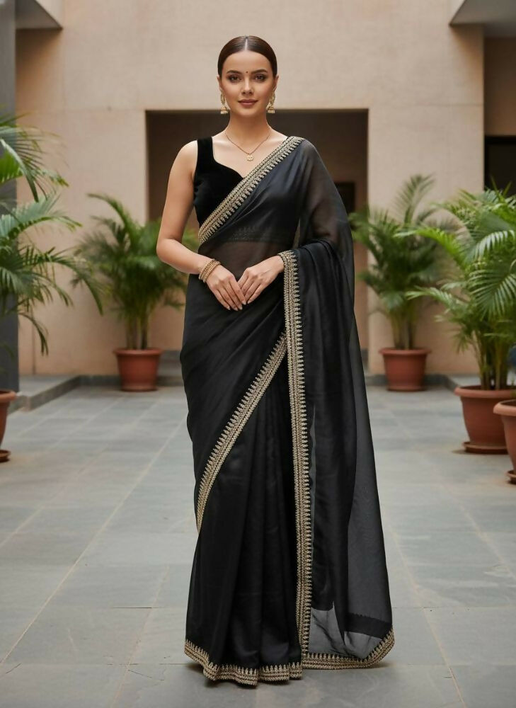 Joban Fashion Black Soft twill Net Party Wear Sarees | Grocsy