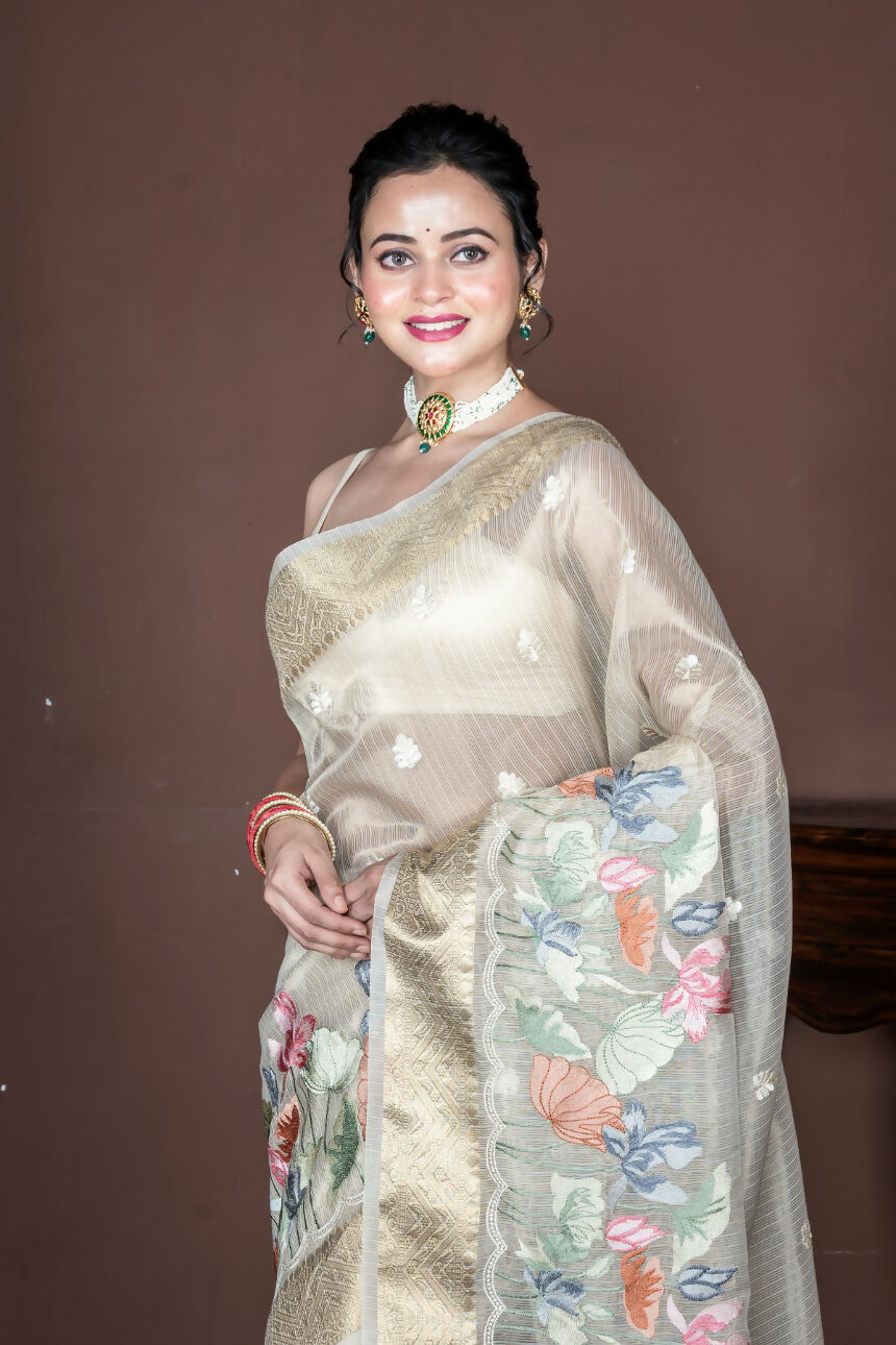 Morchari Beige Banarasi Tissue Computer Embroidery Saree Unstitched Blouse | Grocsy