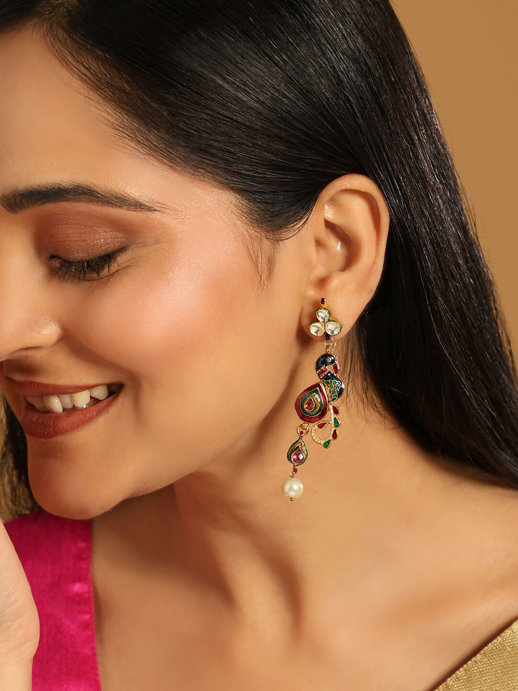 Nuyug 22K Gold Plated Pearl Drop Kundan Studded Ethnic Peacock Shaped Drop Earrings | Grocsy