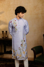 Falling Raw Silk Power Blue Botanical Bloom Kurta Set By Hilo Design | Grocsy