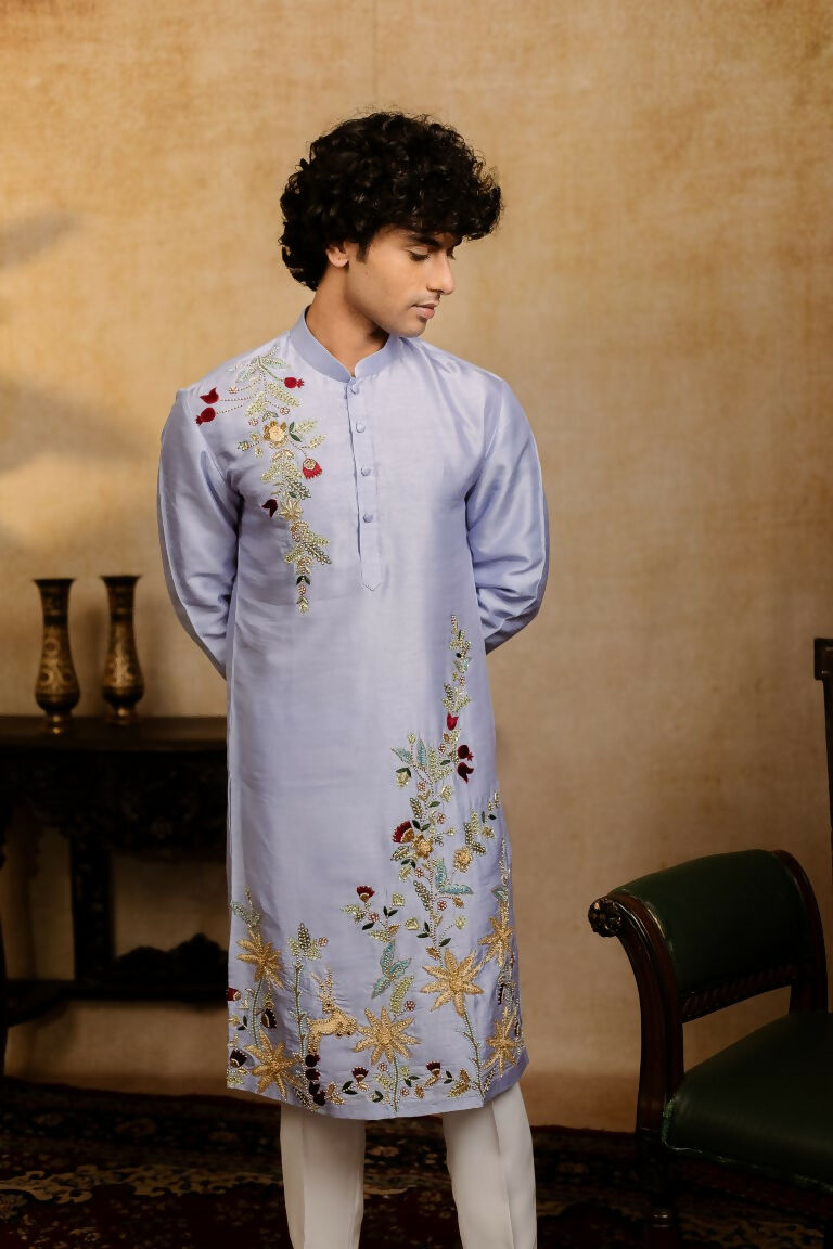 Falling Raw Silk Power Blue Botanical Bloom Kurta Set By Hilo Design | Grocsy