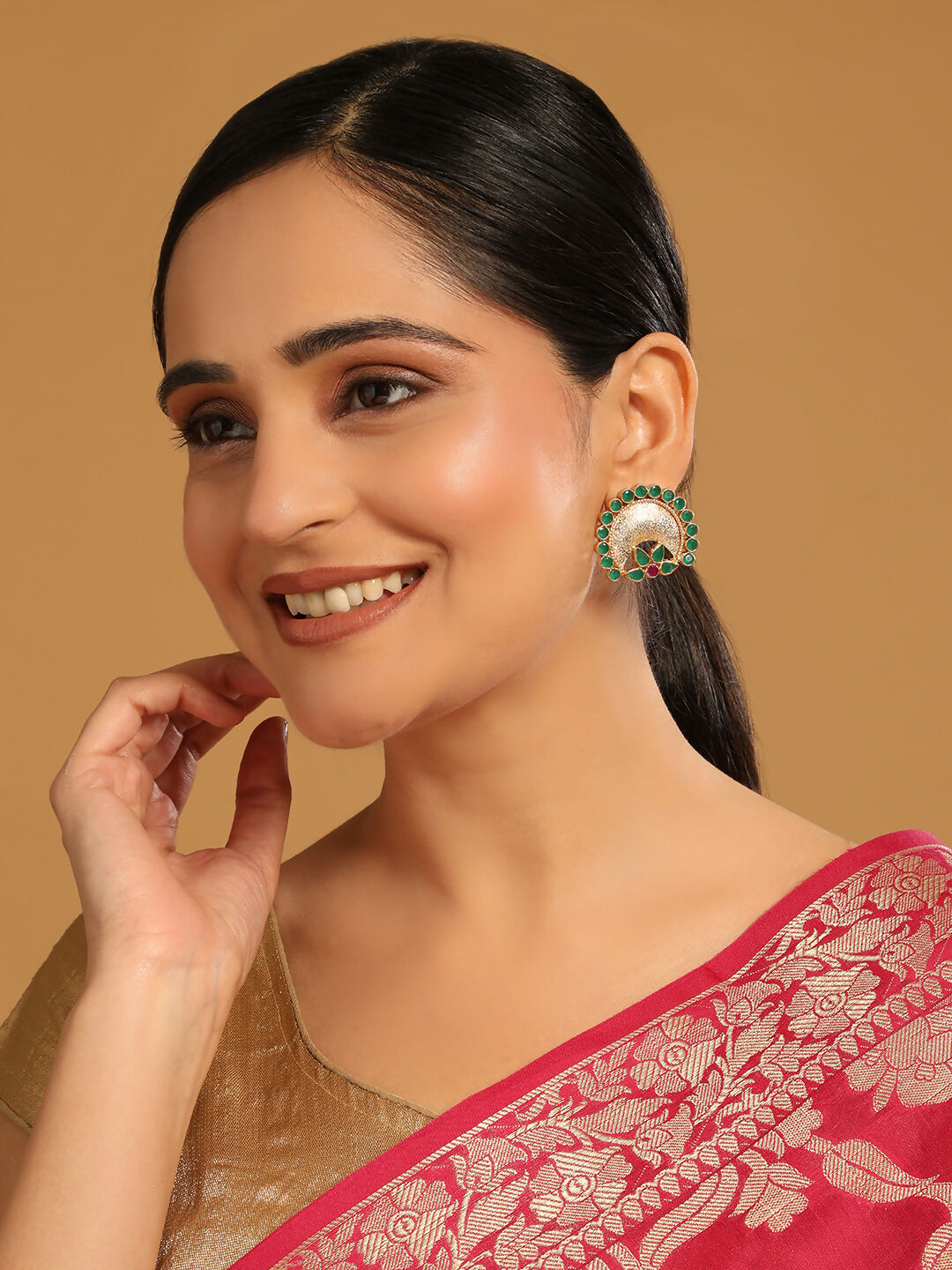 Nuyug 22K Gold Plated Faux Emerald Stone Studded Contemporary Shaped Studs | Grocsy