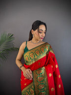 Elora Red Soft Silk Butti Zari Weaving Constrast Pallu Banarasi Saree | Grocsy
