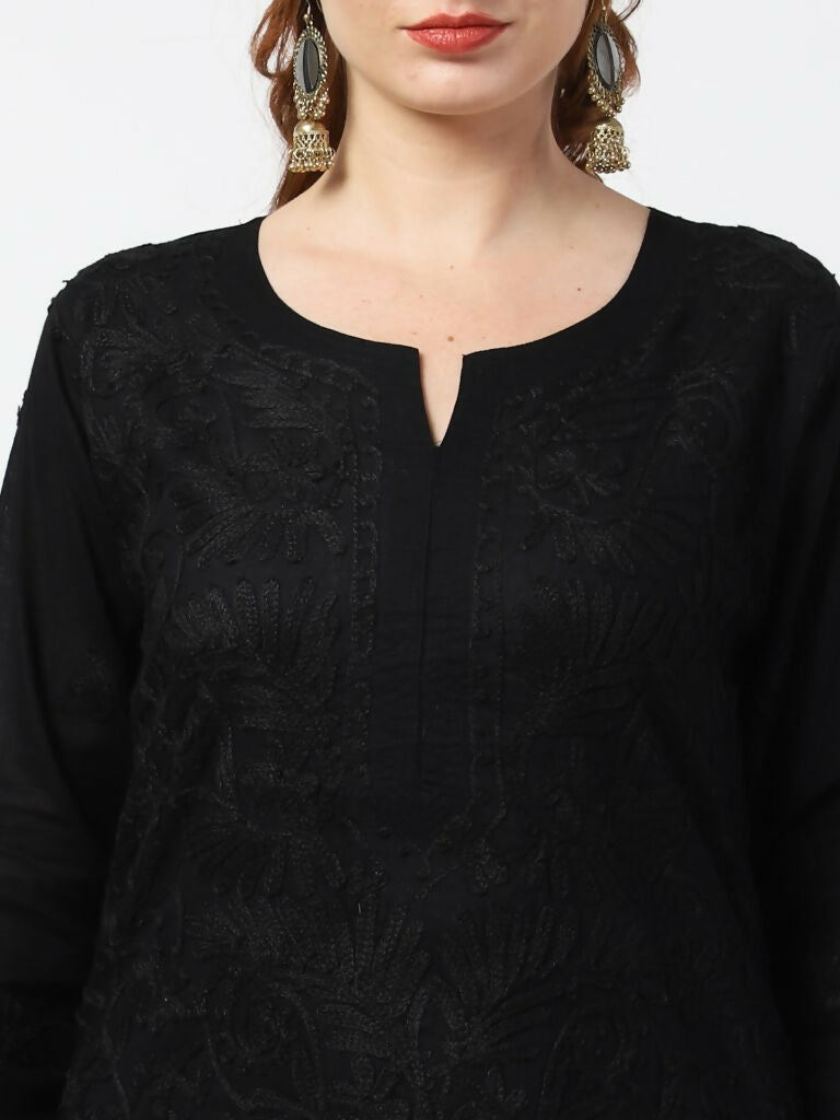 Cheera Women Stylish Hand Chikenkari Cotton Kurta With Palazzo - Black | Grocsy