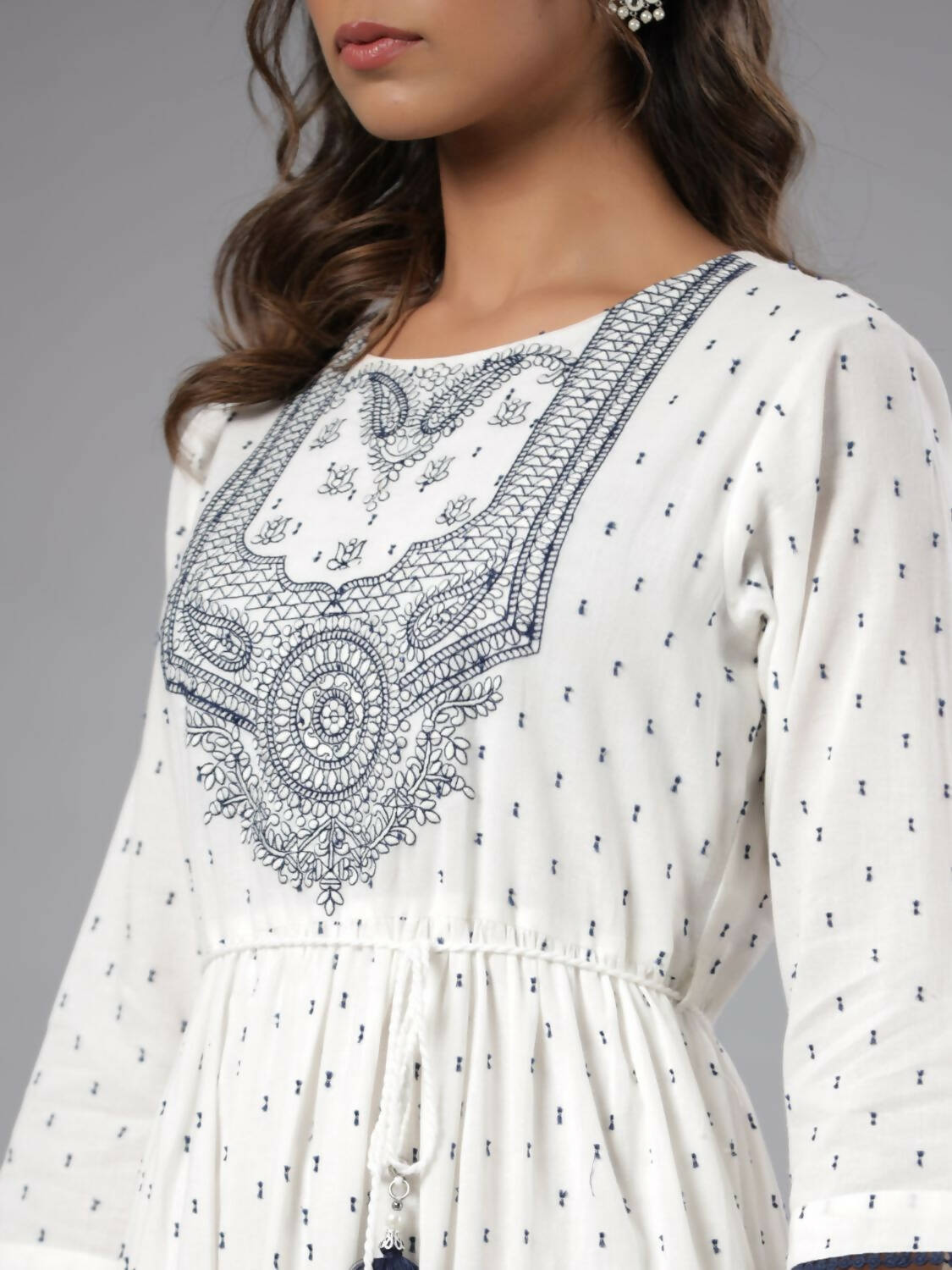 Juniper Women Off-White Cotton Dobby Embroidered Tiered Maxi Dress | Grocsy