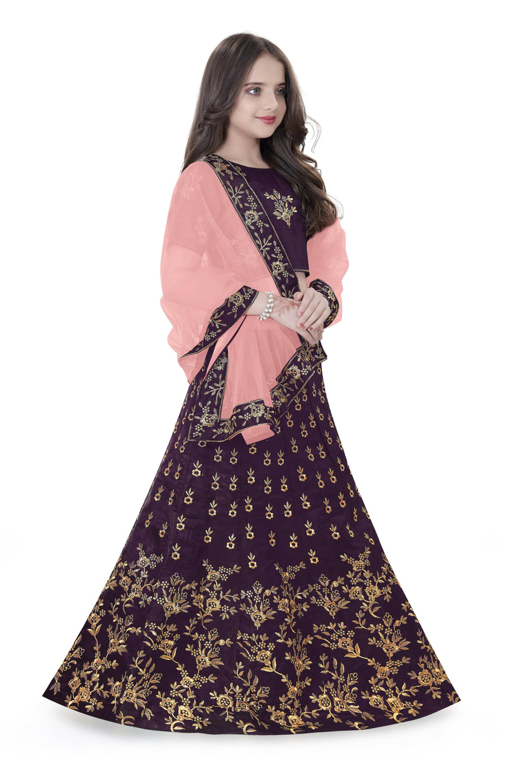 Dwiden Purple Baby Doll Tafetta Sattin Semi-Stitched Girl's Lehenga Choli | Grocsy