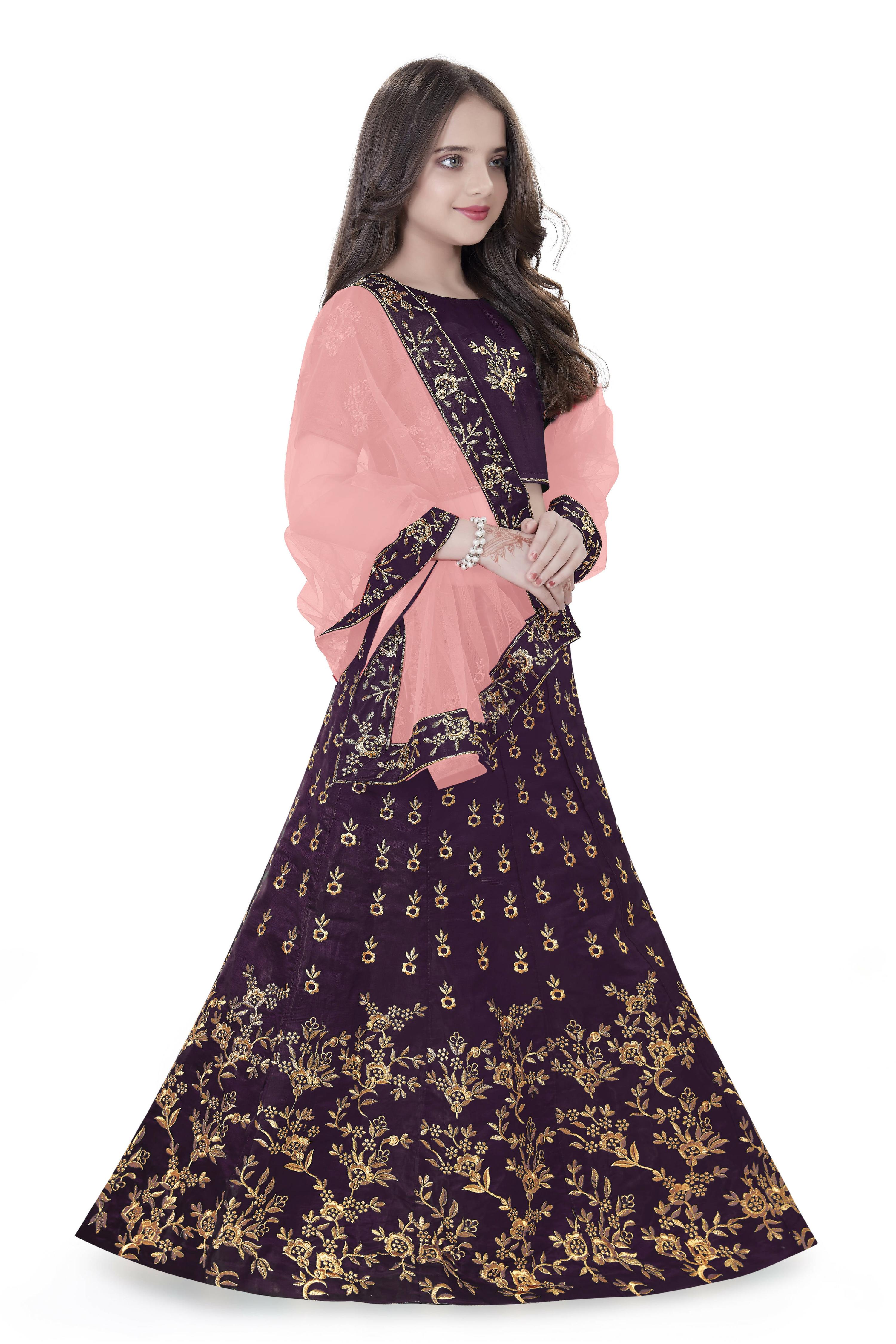 Dwiden Purple Baby Doll Tafetta Sattin Semi-Stitched Girl's Lehenga Choli | Grocsy