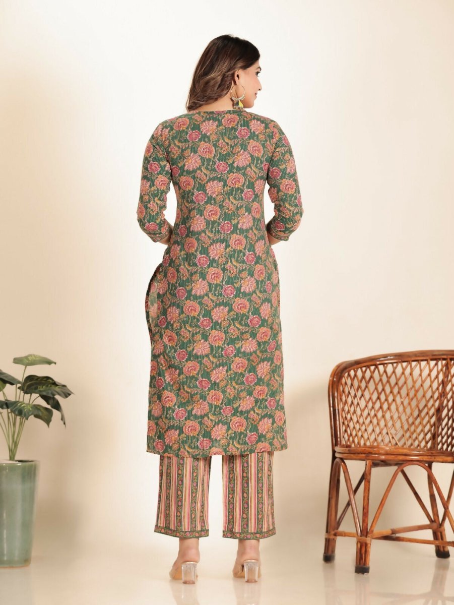 Aramya Green Kantha Cotton Floral Print Straight Kurta Set for Women | Grocsy