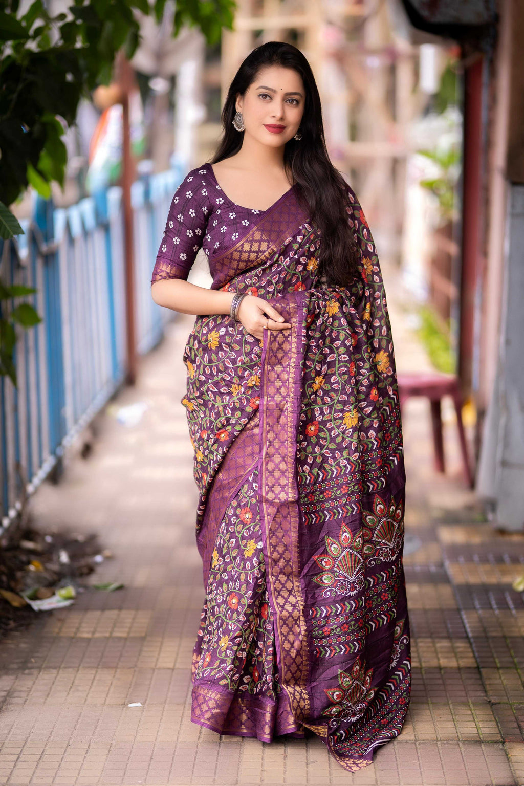 Purple Slub Silk Printed Saree with Unstitched Blouse - Hiral Fashion | Grocsy