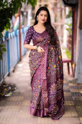 Purple Slub Silk Printed Saree with Unstitched Blouse - Hiral Fashion | Grocsy