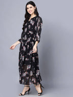 Myshka Black Floral Keyhole Neck Georgette Maxi Dress | Grocsy