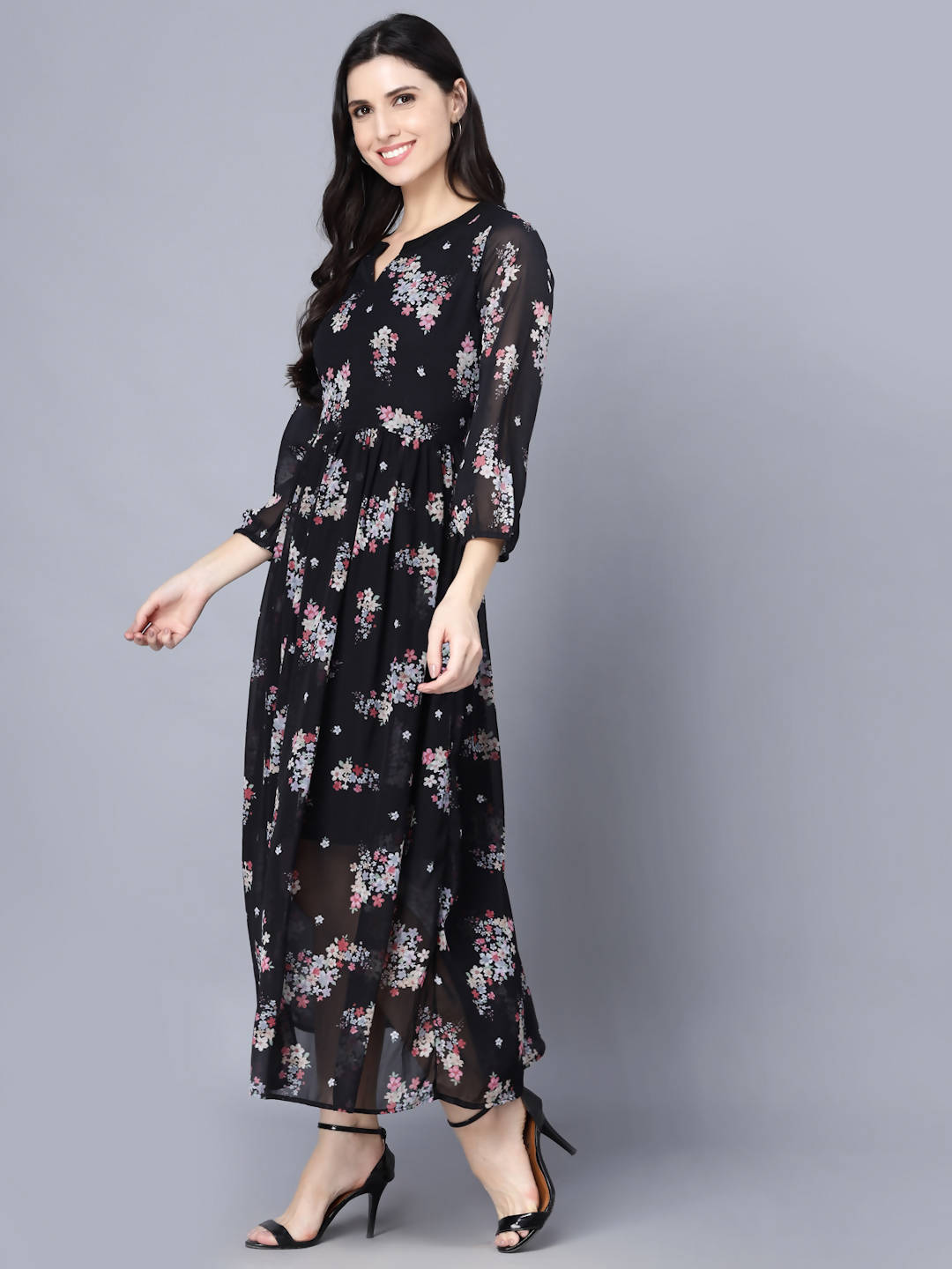 Myshka Black Floral Keyhole Neck Georgette Maxi Dress | Grocsy