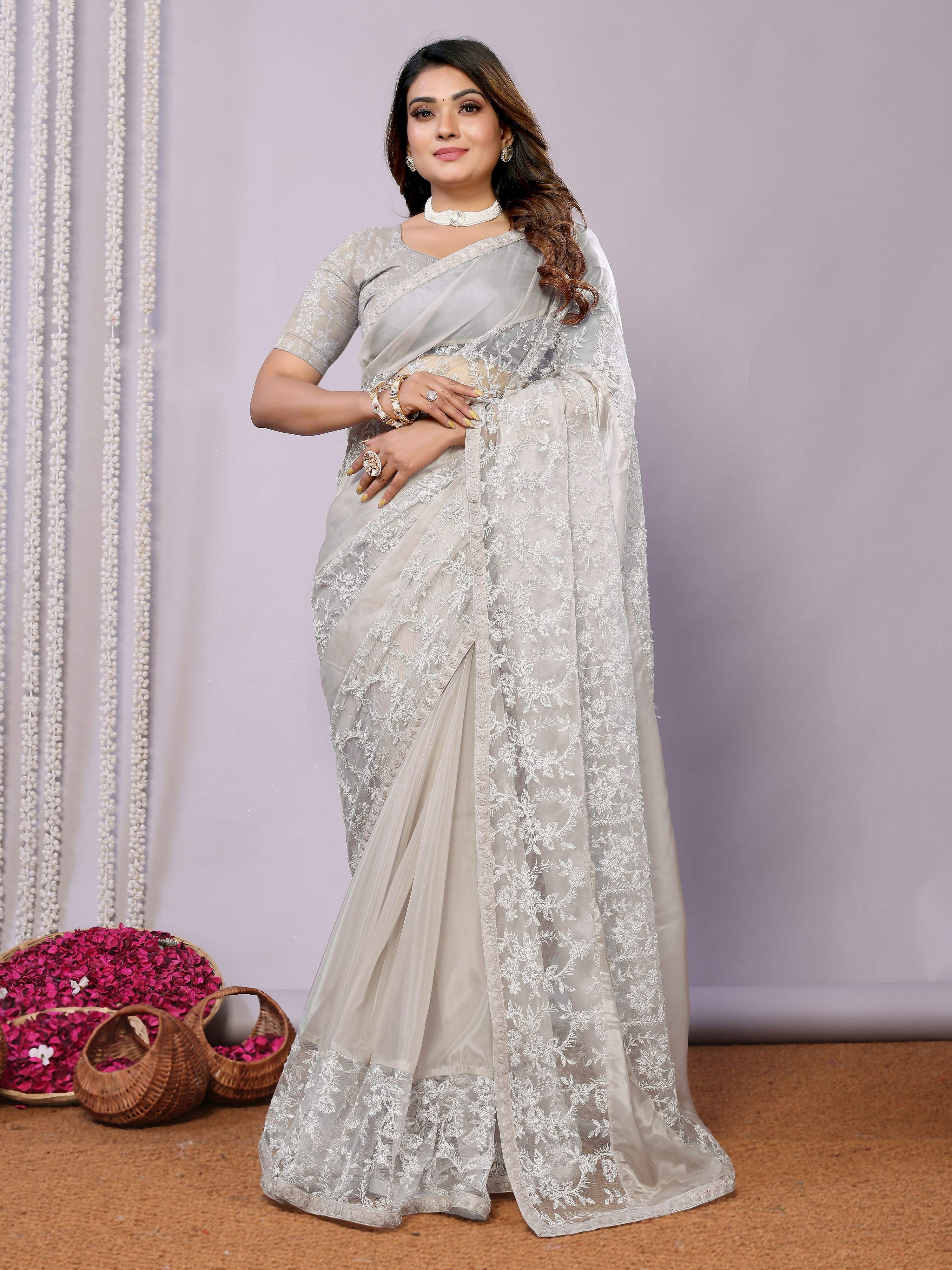 Grey Glass Tissue,Net Embroidered Saree With Stitched Blouse - Nimaya Kaksha | Grocsy