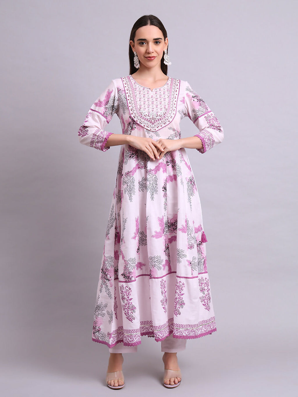 Joban Fashion Pink Cotton Floral Printed & Embroidery Work Anarkali Kurta With Trousers & Dupatta Set | Grocsy