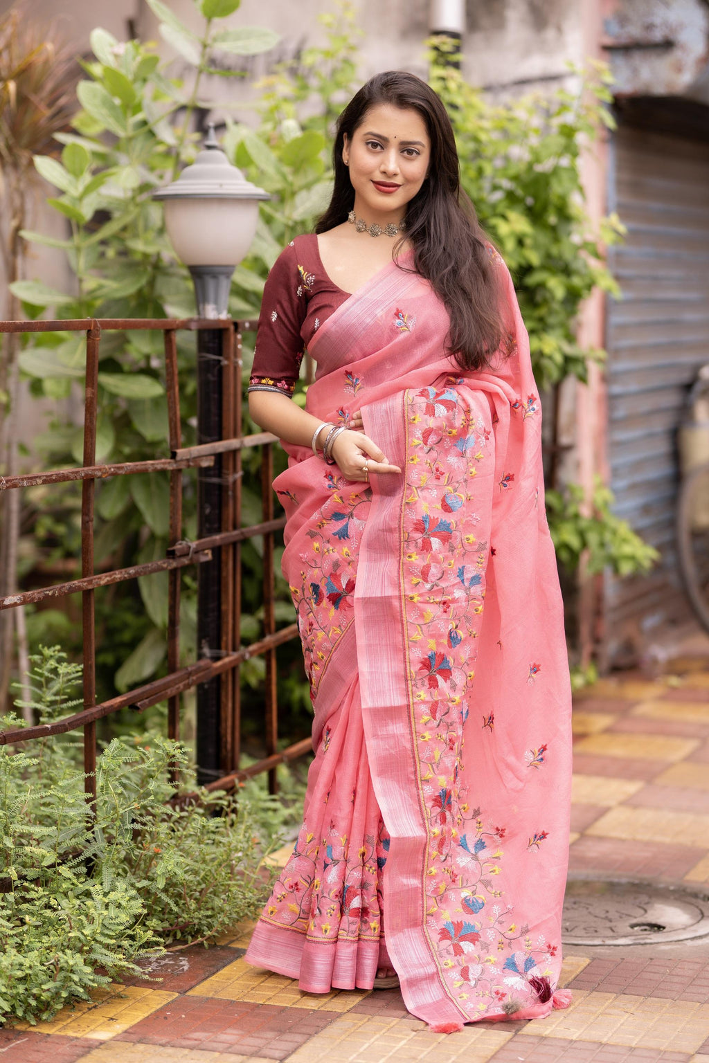 Pink Pure Linen Ethnic Motifs Saree with Unstitched Blouse - Hiral Fashion | Grocsy
