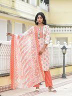 Juniper Women's Peach Floral Printed Cotton Kurta Pant With Dupatta Set With Sequins & Thread Work | Grocsy