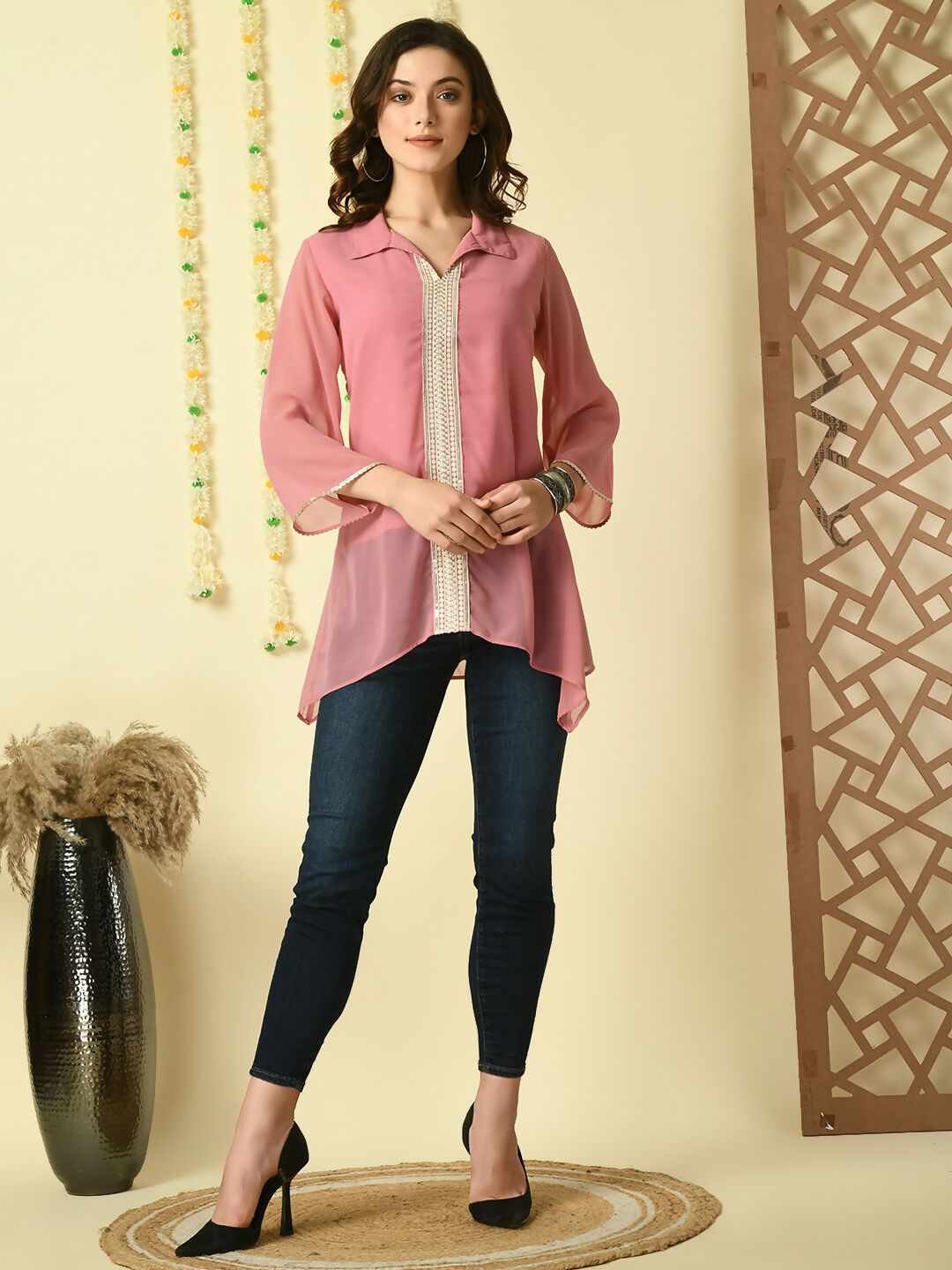 Myshka Women's Pink Embroidered Party Fusion Top | Grocsy
