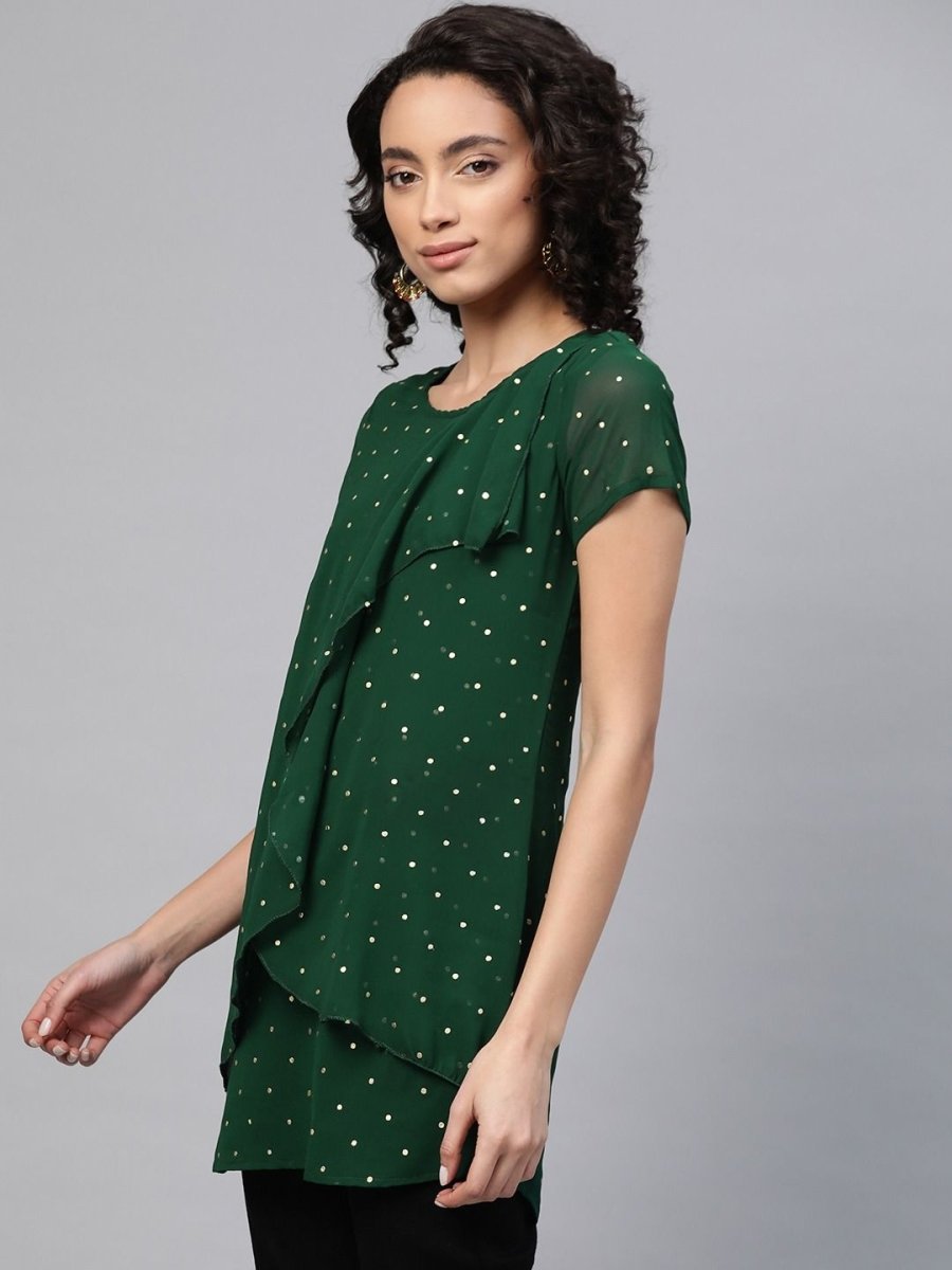 Ahalyaa Women Green Georgette Golden Polka Dots Print Layered Tunic | Grocsy