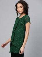 Ahalyaa Women Green Georgette Golden Polka Dots Print Layered Tunic | Grocsy