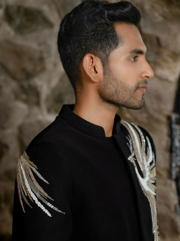 Black Bandhgala Elegance – Peacock Embroidery by Hilo Design | Grocsy