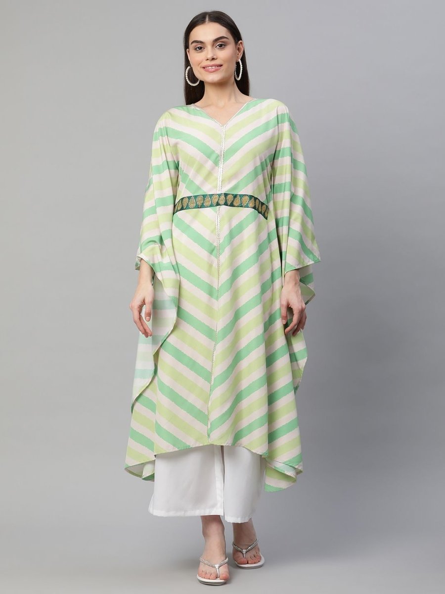 Ahalyaa Women Green Crepe Digital Printed Flared Sleeve Kaftan Kurta | Grocsy