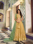 Lorenvalley Fashion Yellow NC Moss Silk Sequins and Thread Embroidery Work Lehenga Choli with Dupatta | Grocsy