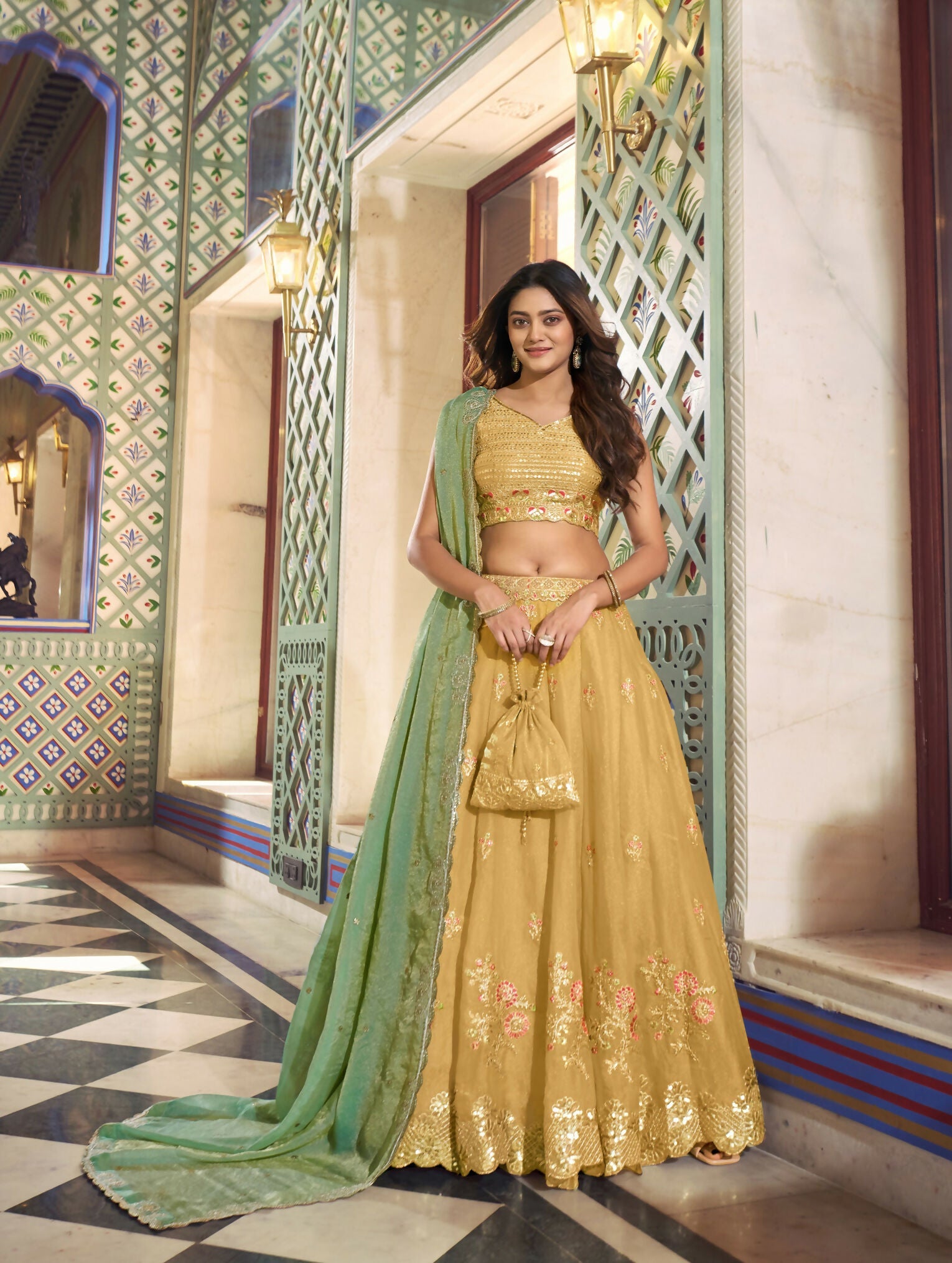 Lorenvalley Fashion Yellow NC Moss Silk Sequins and Thread Embroidery Work Lehenga Choli with Dupatta | Grocsy