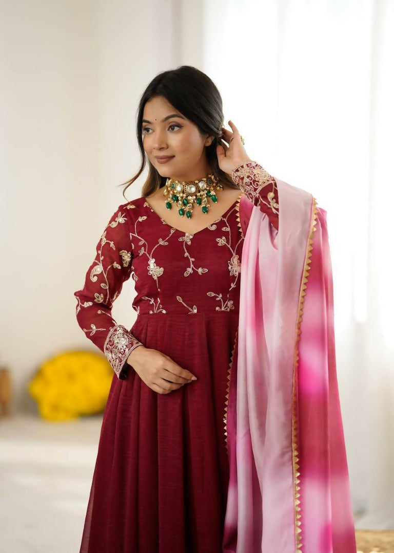 Teeya Creation Maroon Color Crunchy Silk Embroidery Work Gown | Grocsy