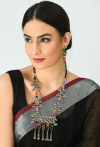 Mominos Fashion Johar Kamal Oxidised Silver-Plated Meenakari Multi Long Necklace Set For Women