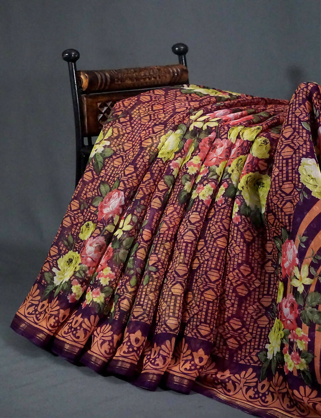 Shades Of Burgundy Floral Design Semi Chanderi Saree By Gayathri Reddy Designer Studio | Grocsy