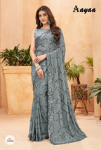 Aayaa Heavy Georgette Double Run Sequance Work Saree With Fitting Sequance Lace Border - Grey | Grocsy